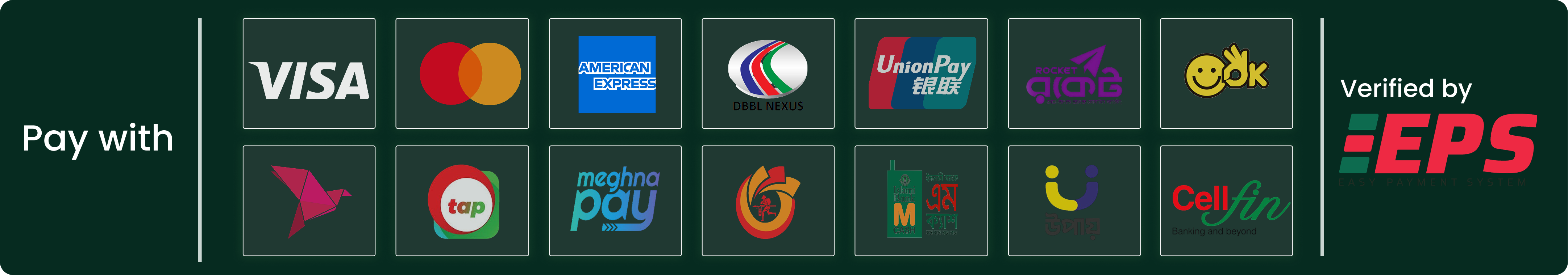 Pay with Visa, Mastercard, American Express, bKash, Nagad, Rocket, Upay and more — verified by EPS